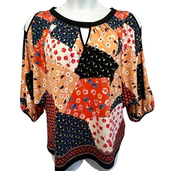 Eci New York Boho Flowy Top Floral Patchwork Print Cold Shoulder Blouse Size L - Picture 1 of 8